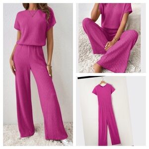 Vibrant Pink Ribbed Knit Jumpsuit